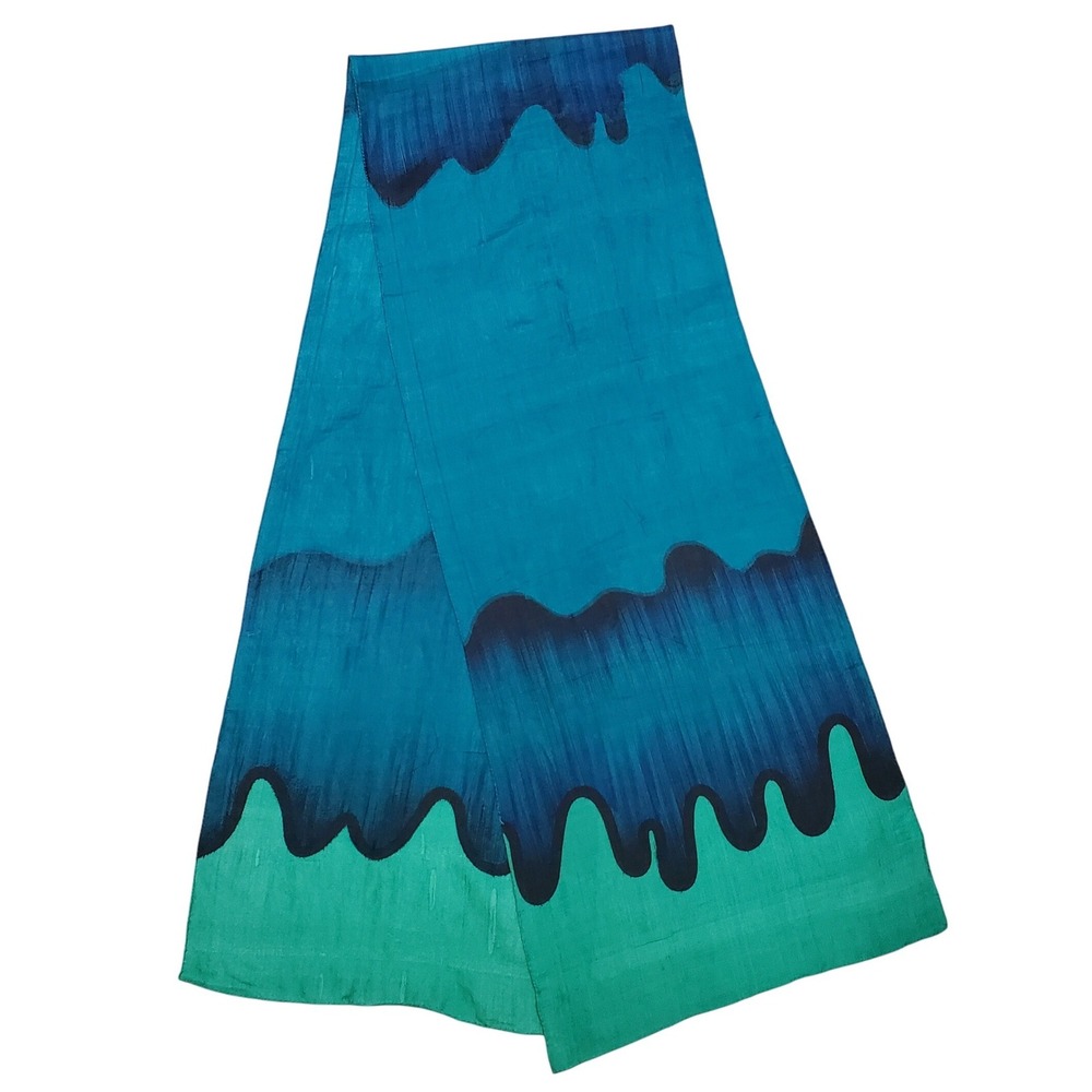 Hand Woven Pure Silk Scarf Teal Blue Green Abstract Drip Design India